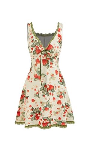 Summer Mini Dresses for Women Fruit Pattern Sweetheart Neck Sleeveless Sundress Knotted Tie A Line Sun Dresses
