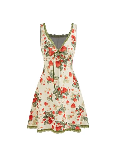Summer Mini Dresses for Women Fruit Pattern Sweetheart Neck Sleeveless Sundress Knotted Tie A Line Sun Dresses