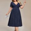 Women's V Neck Short Sleeves A Line Glitter Midi Plus Size Formal Wedding Guest Dresses