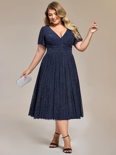 Women's V Neck Short Sleeves A Line Glitter Midi Plus Size Formal Wedding Guest Dresses
