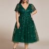 Women's V Neck Short Sleeves Embroidery Empire Waist Sequin Plus Size Midi Cocktail Wedding Guest Dresses 2230-DA