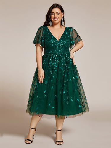 Women's V Neck Short Sleeves Embroidery Empire Waist Sequin Plus Size Midi Cocktail Wedding Guest Dresses 2230-DA