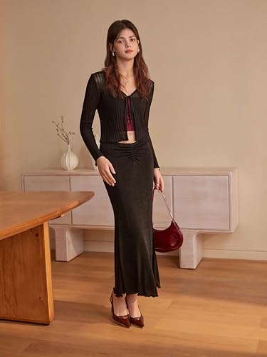 High Waist Skirts for Women Mermaid Skirt Fishtail Ruched Bodycon Long Maxi Skirt Lettuce Trim Stretchy