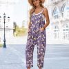 Women's Casual Floral Jumpsuits Spaghetti Straps Sleeveless Boho Summer Loose Harem Overalls Rompers with Pockets PZU