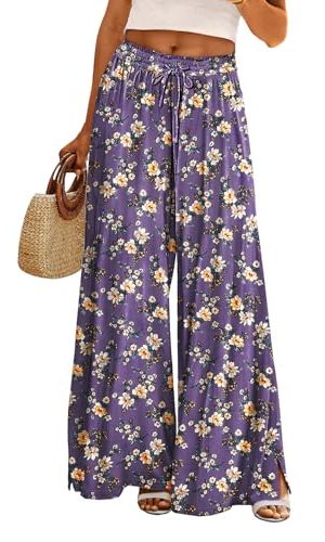 Women Summer Boho Palazzo Pants High Waist Wide Leg Floral Casual Cotton Lounge Trousers with Pockets PP0