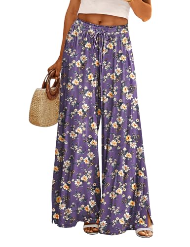 Women Summer Boho Palazzo Pants High Waist Wide Leg Floral Casual Cotton Lounge Trousers with Pockets PP0