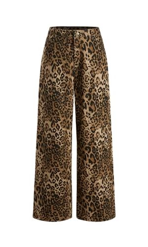 Denim Mid Waist Leopard Wide Leg Pants