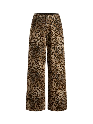 Denim Mid Waist Leopard Wide Leg Pants