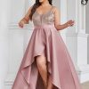 Women's Elegant V Neck Sleeveless High Low A Line Sequin Satin Plus Size Cocktail Formal Dresses