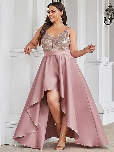 Women's Elegant V Neck Sleeveless High Low A Line Sequin Satin Plus Size Cocktail Formal Dresses