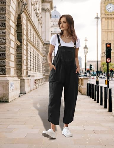 Women Cotton Overalls Casual Loose Adjustable Straps Bib Pants Tulip Hem Baggy Jumpsuits with Pockets PZJ