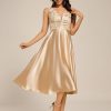 Women's Satin Sequin Appliques A Line Midi Length Wedding Guest Dress with Pockets 02341