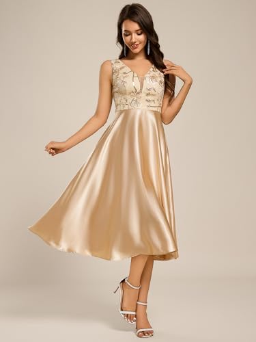 Women's Satin Sequin Appliques A Line Midi Length Wedding Guest Dress with Pockets 02341