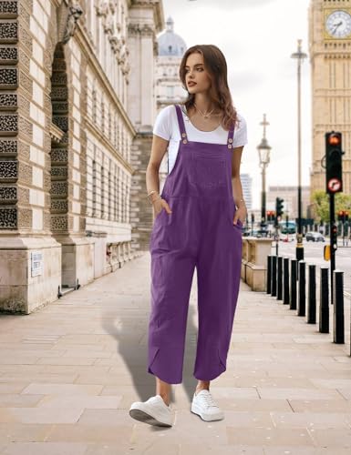 Women Cotton Overalls Casual Loose Adjustable Straps Bib Pants Tulip Hem Baggy Jumpsuits with Pockets PZJ