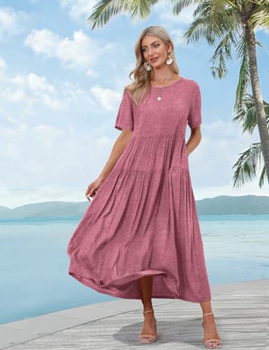 Women Casual Loose Bohemian Dress with Pockets Short Sleeve Long Maxi Summer Beach Swing Dresses