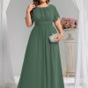 Women's Summer Round Neck A Line Pleated Chiffon Short Sleeves Plus Size Formal Gowns Bridesmaid Dresses