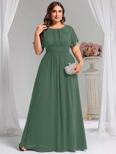 Women's Summer Round Neck A Line Pleated Chiffon Short Sleeves Plus Size Formal Gowns Bridesmaid Dresses