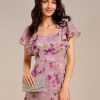 Women's Square Neck Short Sleeves Split Chiffon Floor Length A-Line Maxi Formal Dress 02409