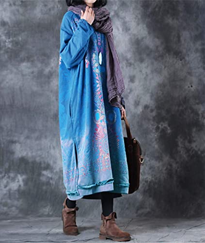 Women Long Loose Fit Sweatshirt Dress Ombre Ethnic Printed 4/5 Sleeve Side Slit with Pockets Tunic Pullover JGP
