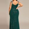 Women's Stretchy V-Neck Sleeveless High Slit Glitter Bodycon Plus Size Ball Gowns Formal Dresses for Curvy Women