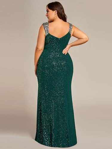 Women's Stretchy V-Neck Sleeveless High Slit Glitter Bodycon Plus Size Ball Gowns Formal Dresses for Curvy Women