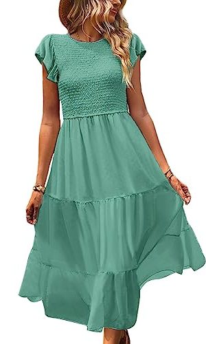 Women Summer Ruffle Cap Sleeve Casual Dress Smocked Bodice Maxi Dress with Pockets 2XL E05 W Pea Green