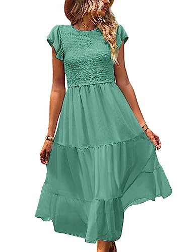Women Summer Ruffle Cap Sleeve Casual Dress Smocked Bodice Maxi Dress with Pockets 2XL E05 W Pea Green
