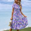 Women's Summer Causal Puff Short Sleeve Smocked Dress Elastic Waist Tiered Midi Dress with Pockets EP2