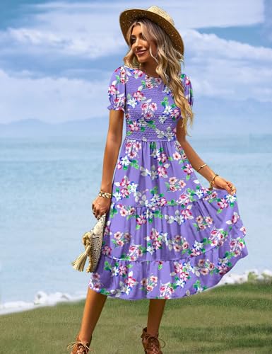 Women's Summer Causal Puff Short Sleeve Smocked Dress Elastic Waist Tiered Midi Dress with Pockets EP2