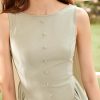 Womens Sleeveless Casual Boat Neck Party Dress Button Front A Line Dresses