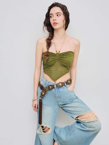 Halter Tops for Women Crochet Boho Backless Ruched Tie Back Vacation Beach Tank Crop Tops