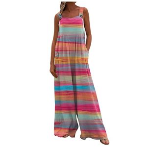 Women's Summer Rompers 2023 Printed Button Up Jumpsuit Casual Loose Sleeveless Rompers with Pockets Rompers