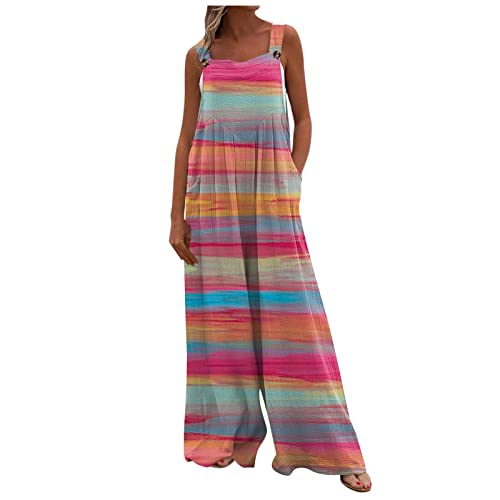 Women's Summer Rompers 2023 Printed Button Up Jumpsuit Casual Loose Sleeveless Rompers with Pockets Rompers