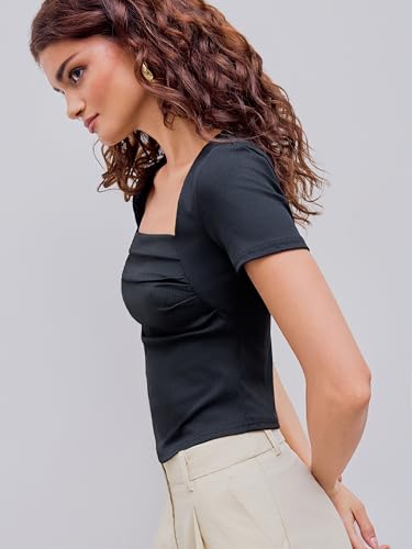 Going Out Tops Square Neck Ruched Short Sleeve Slim Fit Tee Shirt Basic Casual Tops for Women