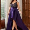 Women's Sleeveless Sequin V-Neck High-Low Satin A-line Summer Plus Size Wedding Guest Dress Formal Gowns 0667-DA