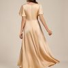 Women's V Neck Satin Short Sleeves Ruffle Hi-Lo Midi Bridesmaid Dress 02336