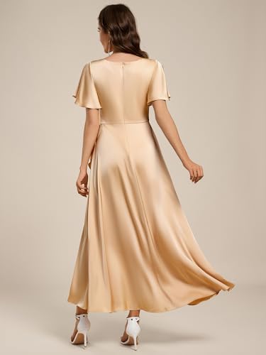 Women's V Neck Satin Short Sleeves Ruffle Hi-Lo Midi Bridesmaid Dress 02336
