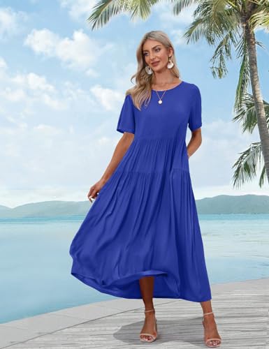 Women Casual Loose Bohemian Floral Dress with Pockets Short Sleeve Long Maxi Summer Beach Swing Dresses M EJF Solid P Royal Blue