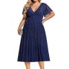 Women's V Neck Short Sleeves A Line Glitter Midi Plus Size Formal Wedding Guest Dresses