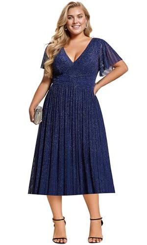 Women's V Neck Short Sleeves A Line Glitter Midi Plus Size Formal Wedding Guest Dresses