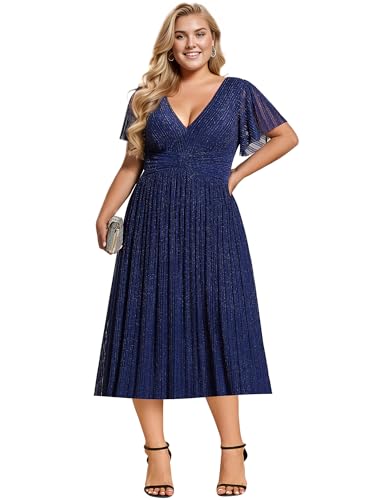 Women's V Neck Short Sleeves A Line Glitter Midi Plus Size Formal Wedding Guest Dresses