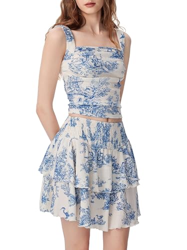Womens Toile Print Tiered Ruffle Skirt Set Sleeveless