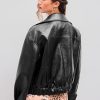 Faux Leather Collar Soild Pocket Jacket Women's Faux Leather Jacket Cool Long Sleeve Outerwear