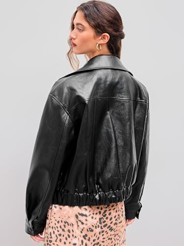 Faux Leather Collar Soild Pocket Jacket Women's Faux Leather Jacket Cool Long Sleeve Outerwear
