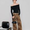 Denim Mid Waist Leopard Wide Leg Pants