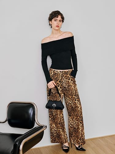 Denim Mid Waist Leopard Wide Leg Pants