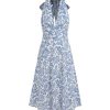 Santorini Beach Vacation V-Neck Halter Backless Floral Ruffle Midi Dress