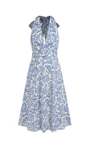Santorini Beach Vacation V-Neck Halter Backless Floral Ruffle Midi Dress