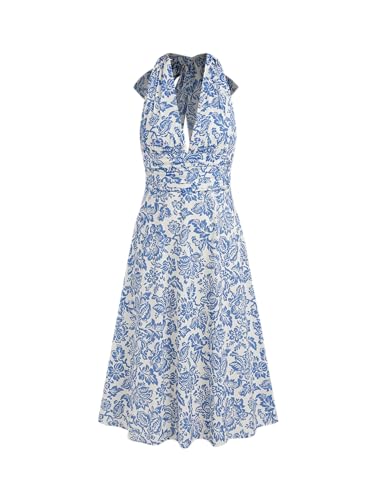 Santorini Beach Vacation V-Neck Halter Backless Floral Ruffle Midi Dress