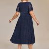 Women's V Neck Short Sleeves A Line Glitter Midi Plus Size Formal Wedding Guest Dresses